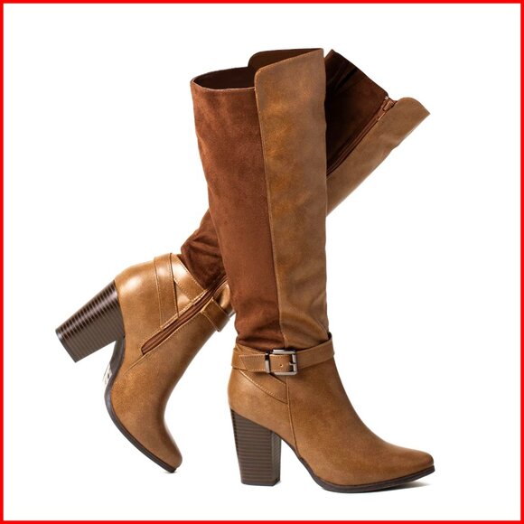 Knee High Boots with Chunky Heel Side Zipper Faux Leather